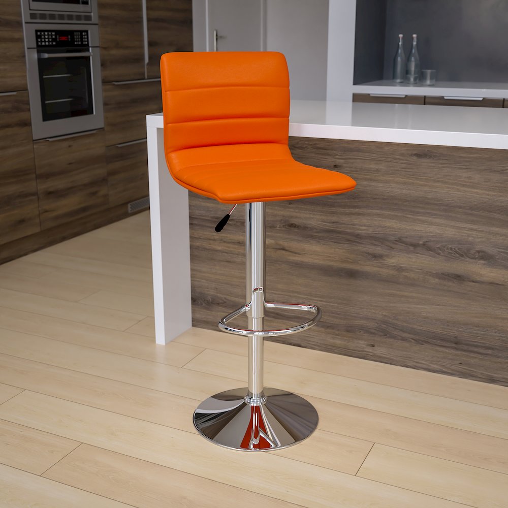 Modern Orange Vinyl Adjustable Bar Stool with Back, Counter Height Swivel Stool with Chrome Pedestal Base. Picture 8