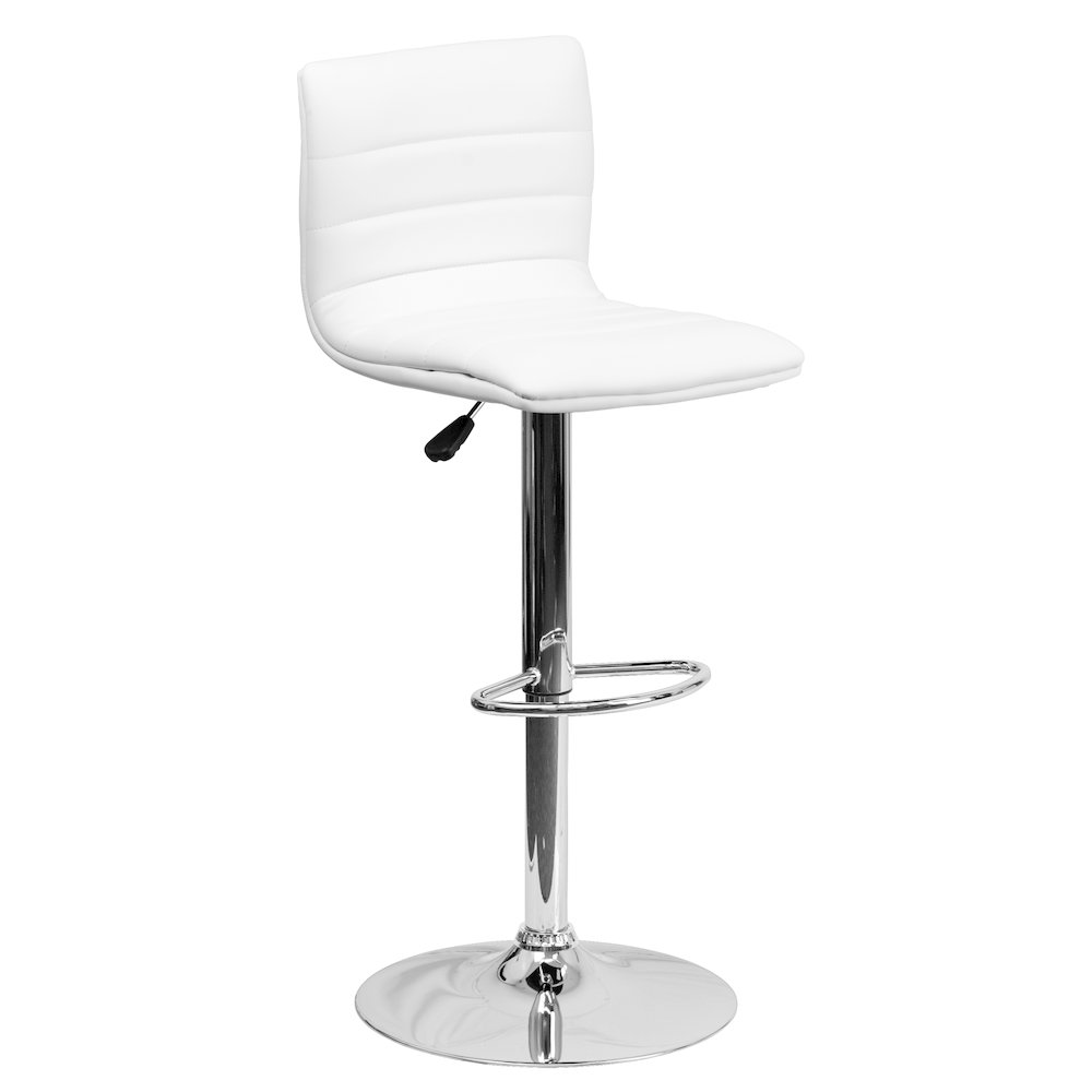 Modern White Vinyl Adjustable Bar Stool with Back, Counter Height Swivel Stool with Chrome Pedestal Base. Picture 1