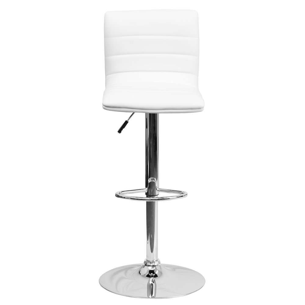 Modern White Vinyl Adjustable Bar Stool with Back, Counter Height Swivel Stool with Chrome Pedestal Base. Picture 5