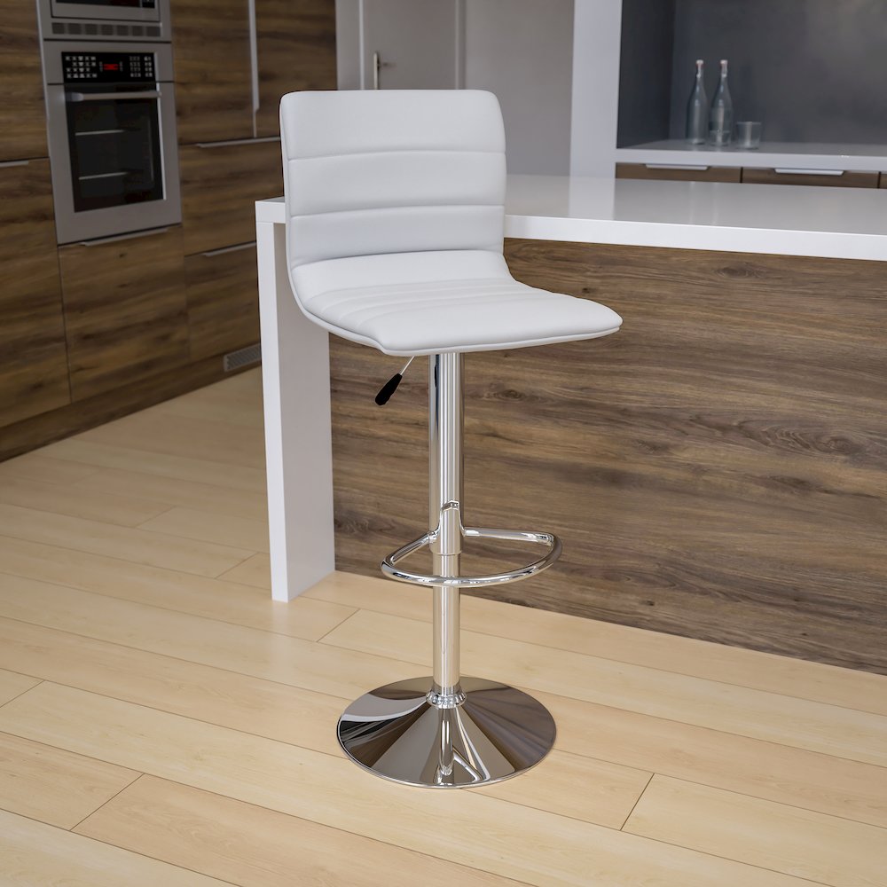 Modern White Vinyl Adjustable Bar Stool with Back, Counter Height Swivel Stool with Chrome Pedestal Base. Picture 9