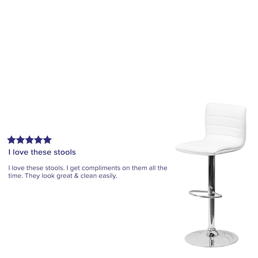 Modern White Vinyl Adjustable Bar Stool with Back, Counter Height Swivel Stool with Chrome Pedestal Base. Picture 10
