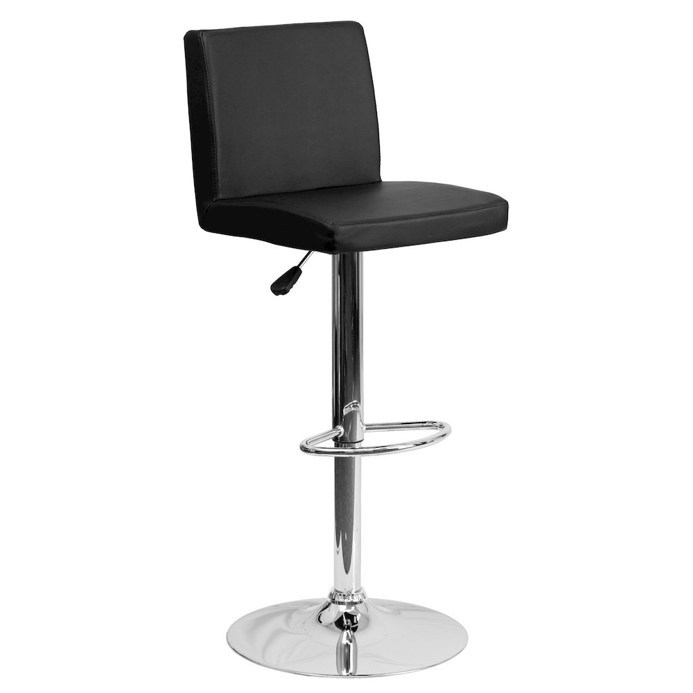 Black Vinyl Adjustable Height Barstool with Panel Back and Chrome Base. Picture 1