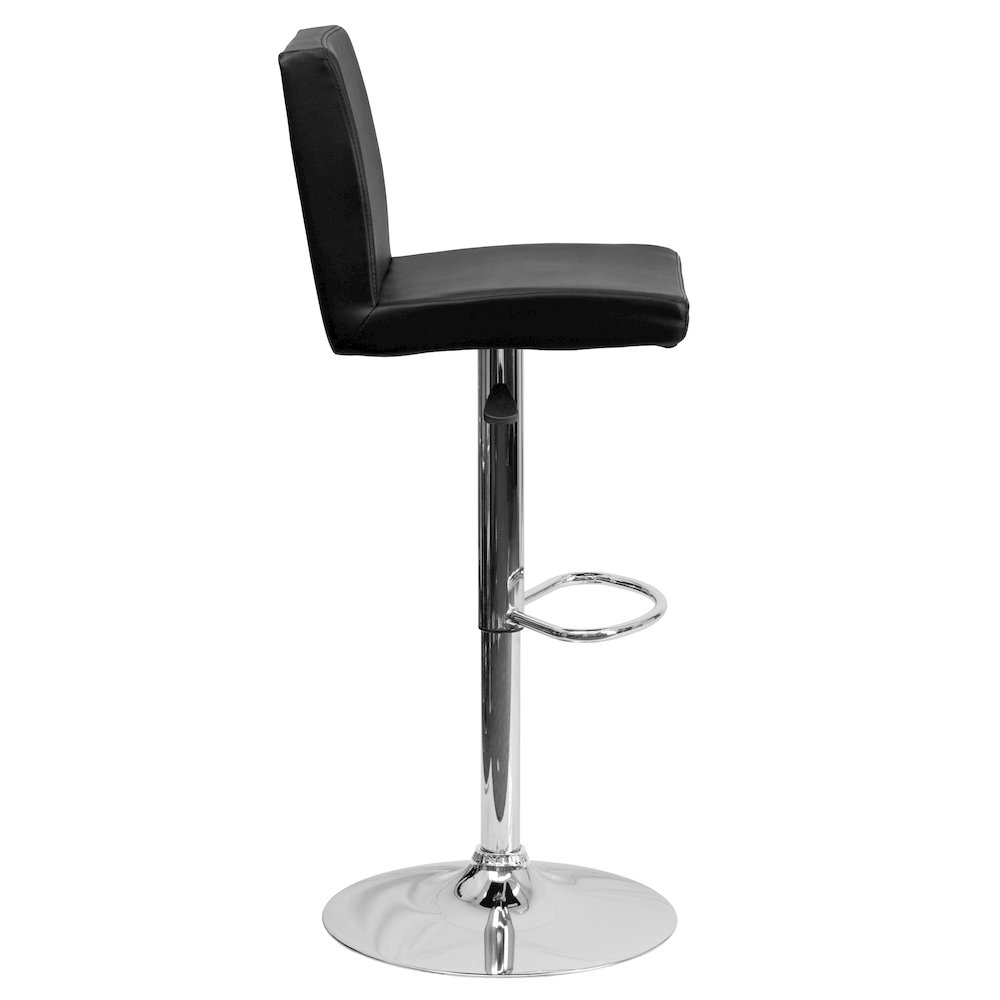 Black Vinyl Adjustable Height Barstool with Panel Back and Chrome Base. Picture 9