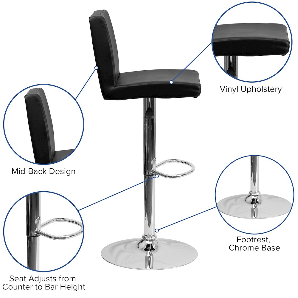 Black Vinyl Adjustable Height Barstool with Panel Back and Chrome Base. Picture 5