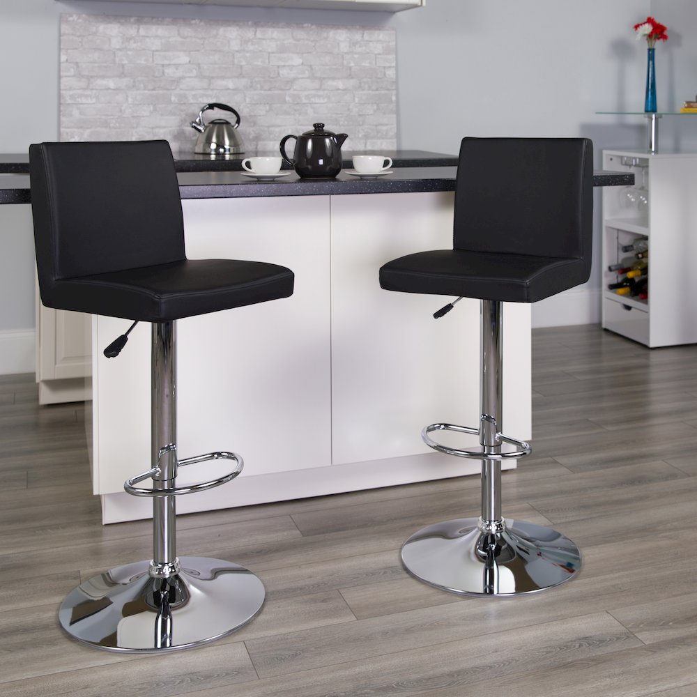 Black Vinyl Adjustable Height Barstool with Panel Back and Chrome Base. Picture 2