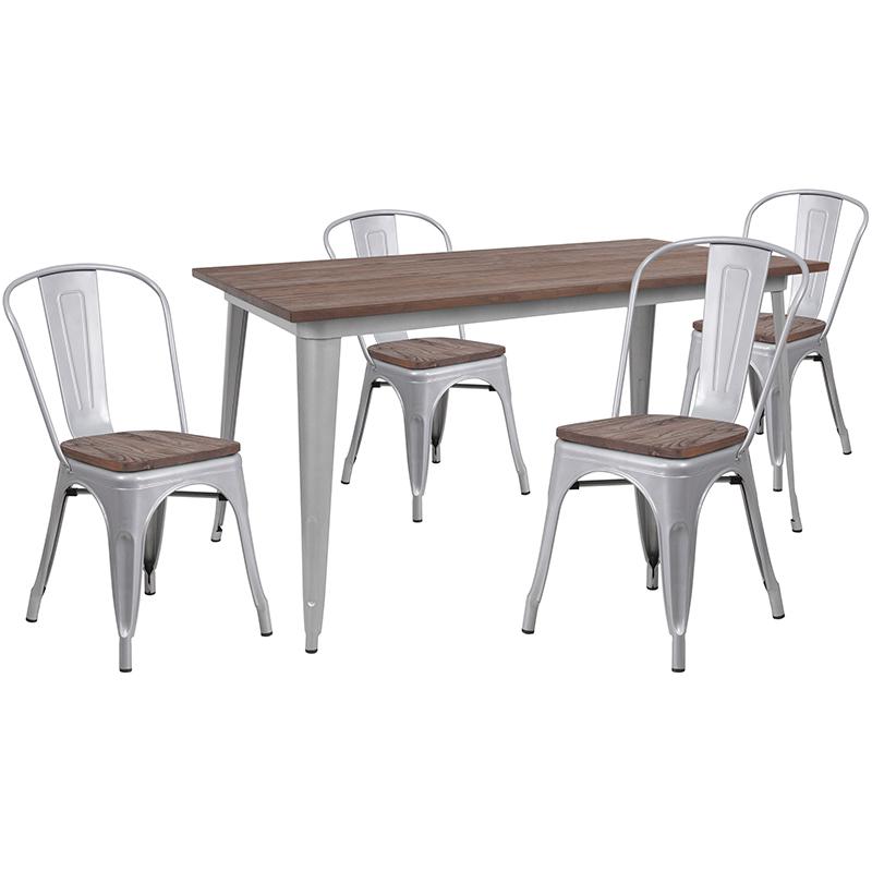 30.25" x 60" Silver Metal Table Set with Wood Top and 4 Stack Chairs. Picture 1