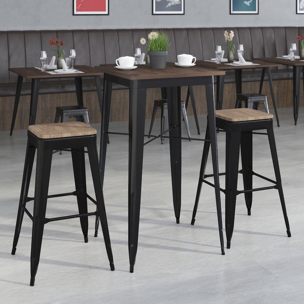 3.5" Square Black Metal Bar Table Set with Wood Top and 2 Backless Stools. Picture 2