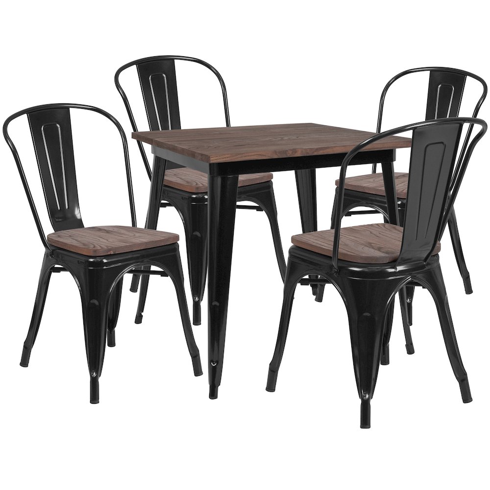 1.5" Square Black Metal Table Set with Wood Top and 4 Stack Chairs. Picture 1