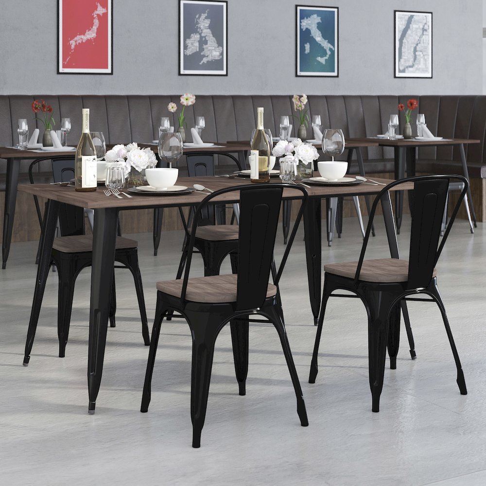 0.25" x 60" Black Metal Table Set with Wood Top and 4 Stack Chairs. Picture 2