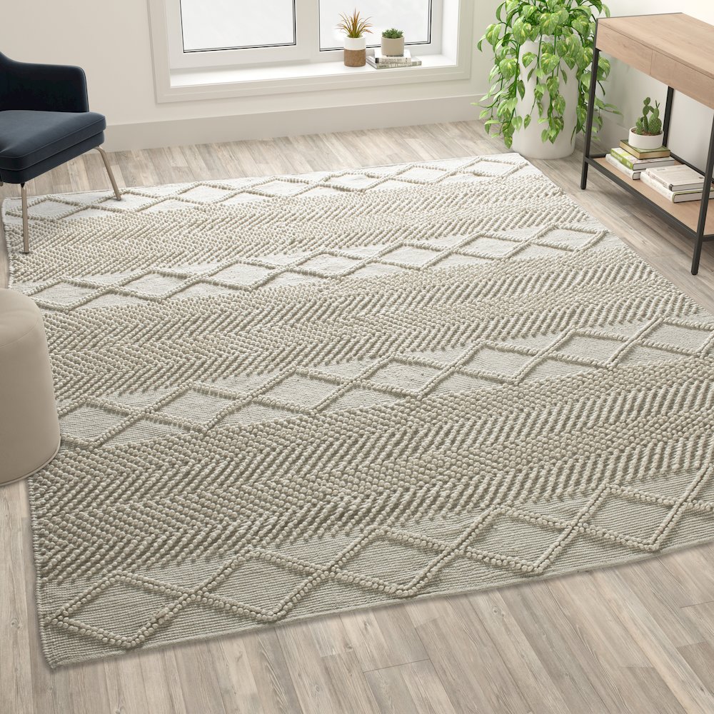 8' x 10' White, Ivory Geometric Design Handwoven Area Rug. Picture 2