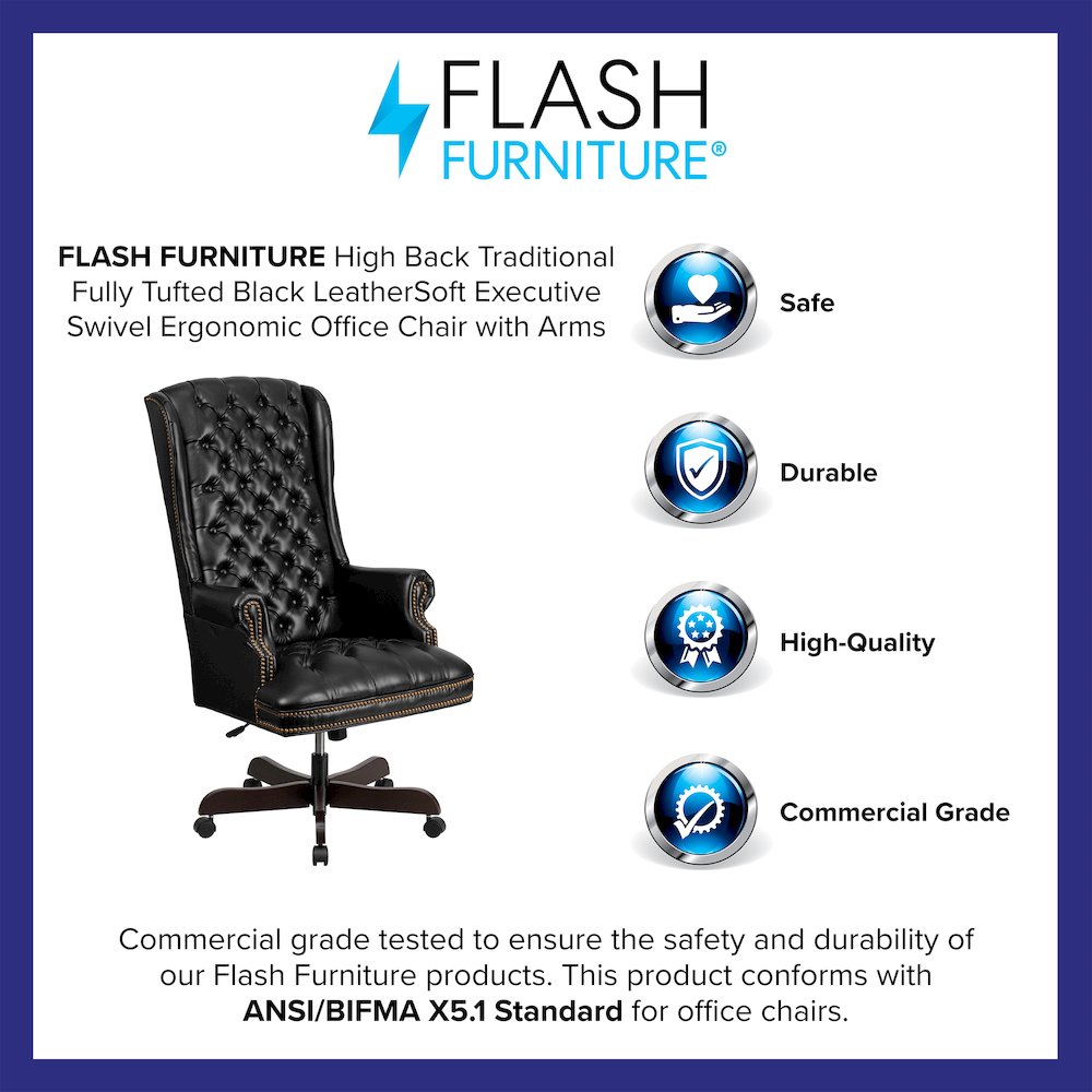High Back Traditional Fully Tufted Black Executive Swivel Office Chair with Arms. Picture 4