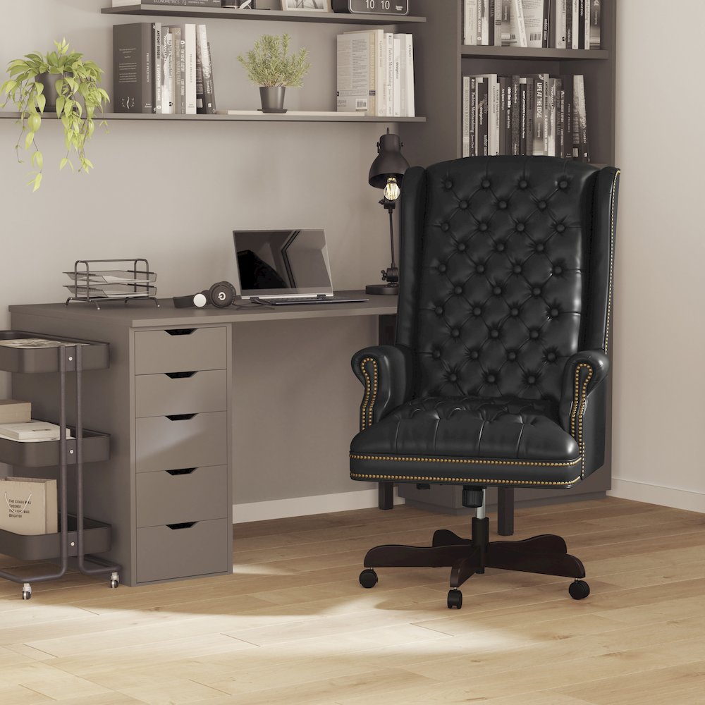 High Back Traditional Fully Tufted Black Executive Swivel Office Chair with Arms. Picture 2