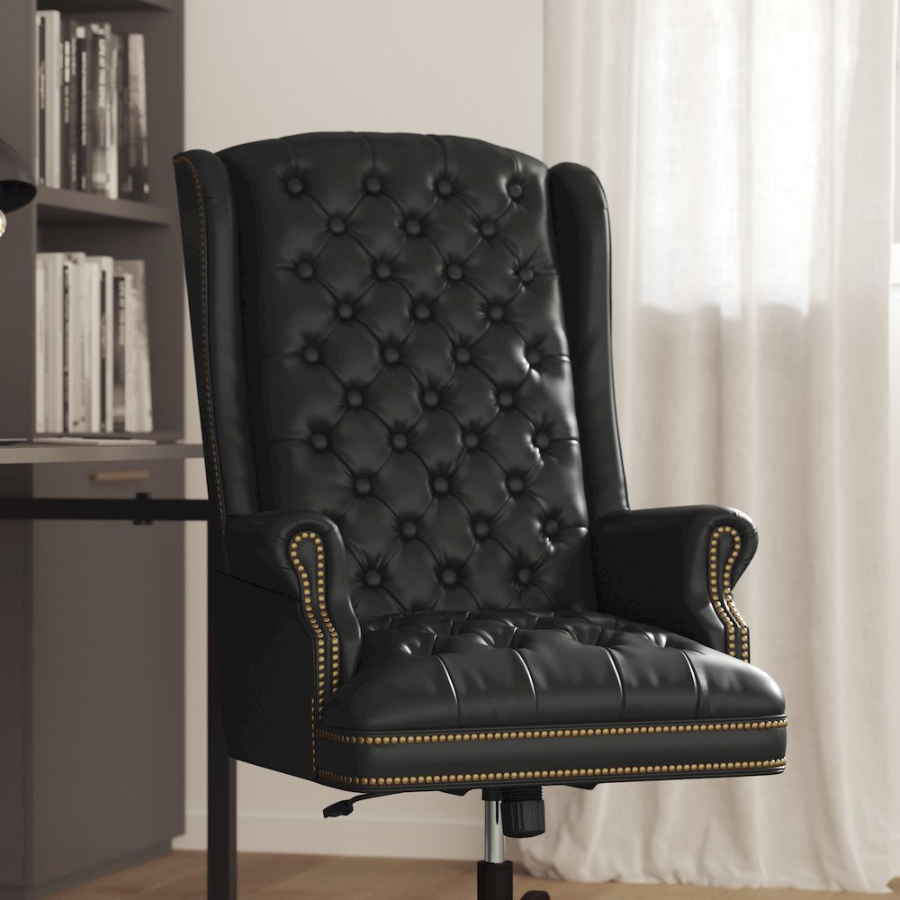 High Back Traditional Fully Tufted Black Executive Swivel Office Chair with Arms. Picture 5