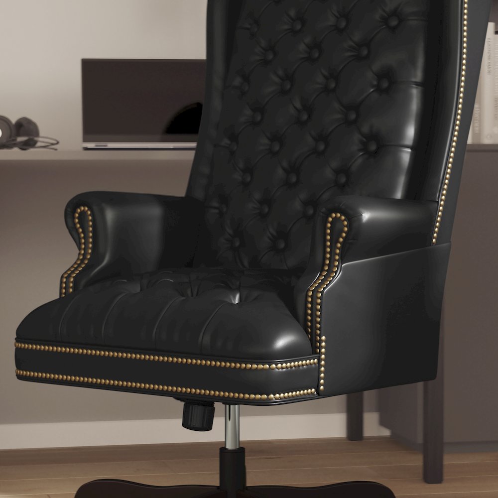 High Back Traditional Fully Tufted Black Executive Swivel Office Chair with Arms. Picture 6