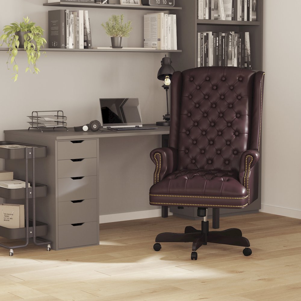 High Back Traditional Fully Tufted Burgundy Executive Swivel Office Chair. Picture 2