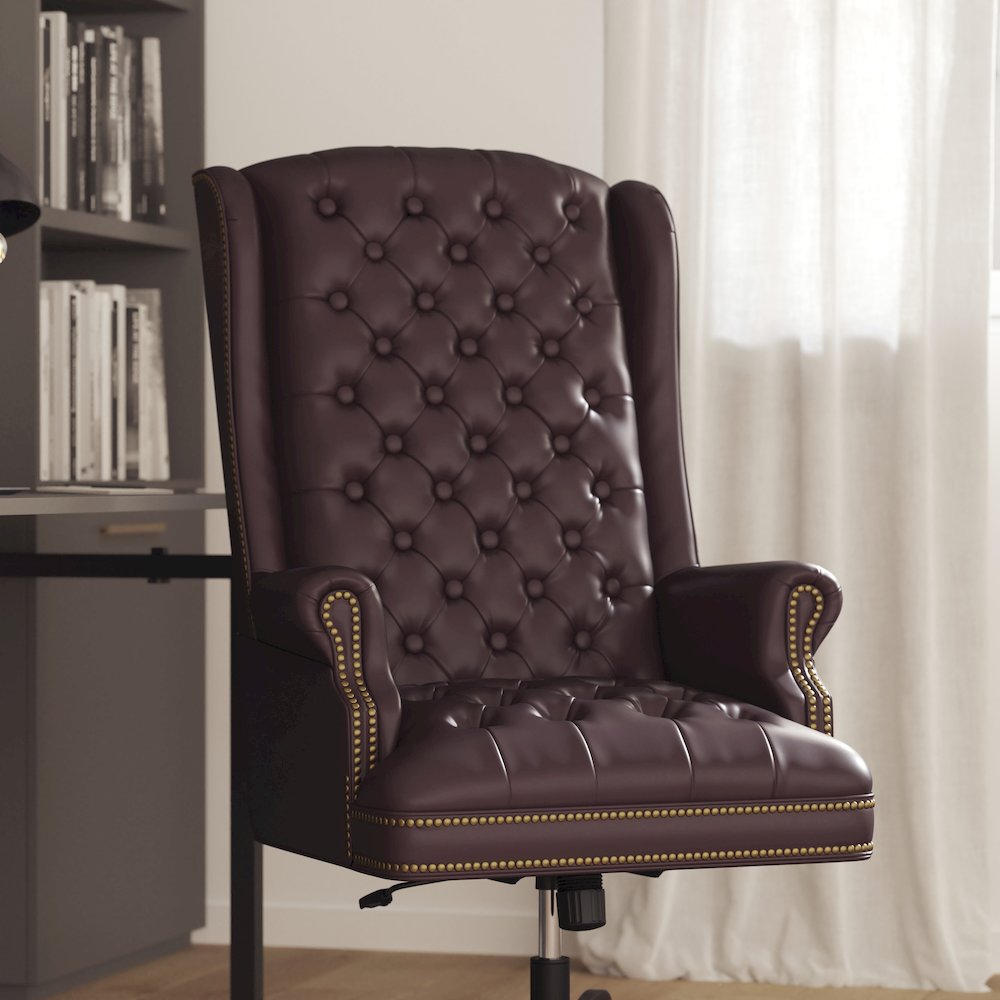 High Back Traditional Fully Tufted Burgundy Executive Swivel Office Chair. Picture 5
