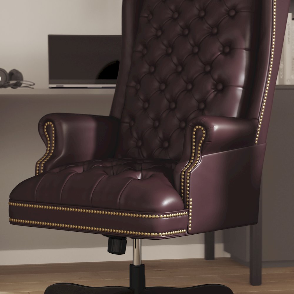 High Back Traditional Fully Tufted Burgundy Executive Swivel Office Chair. Picture 6