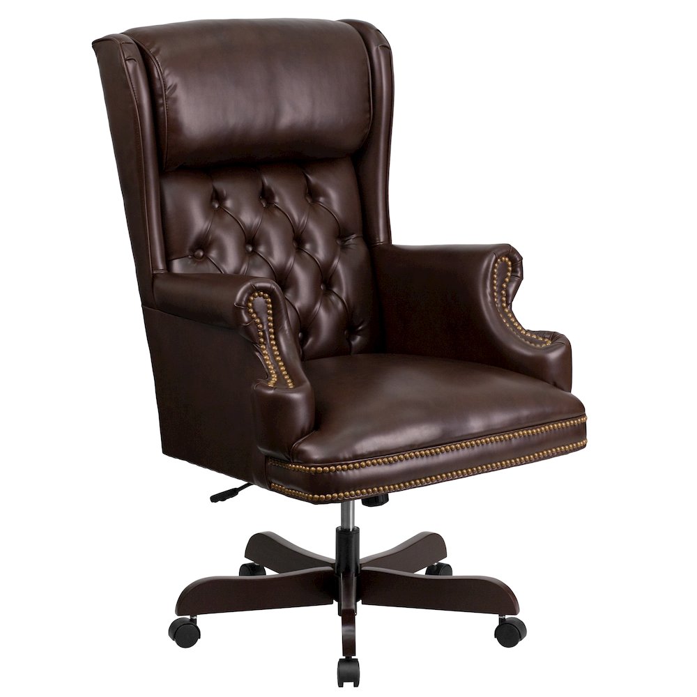 High Back Brown Executive Office Chair with Oversized Headrest & Nail Trim Arms. Picture 1