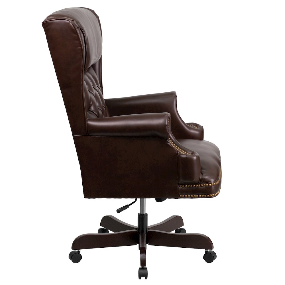 High Back Brown Executive Office Chair with Oversized Headrest & Nail Trim Arms. Picture 7