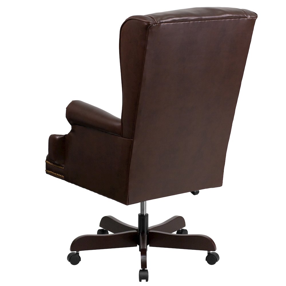 High Back Brown Executive Office Chair with Oversized Headrest & Nail Trim Arms. Picture 6