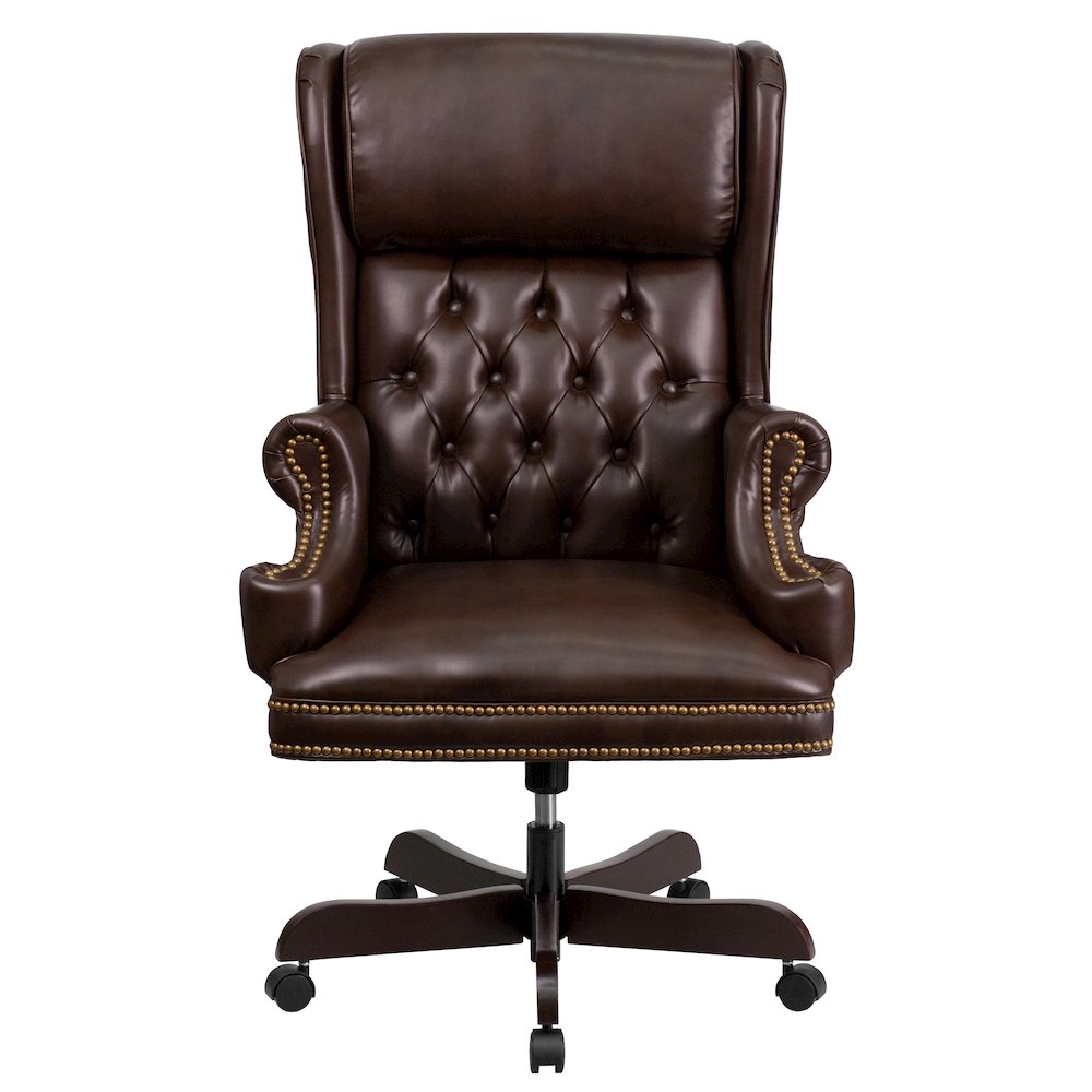 High Back Brown Executive Office Chair with Oversized Headrest & Nail Trim Arms. Picture 8