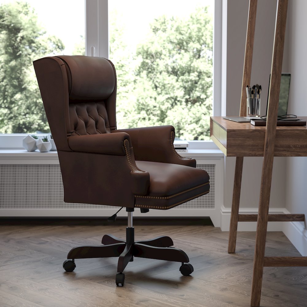 High Back Brown Executive Office Chair with Oversized Headrest & Nail Trim Arms. Picture 2