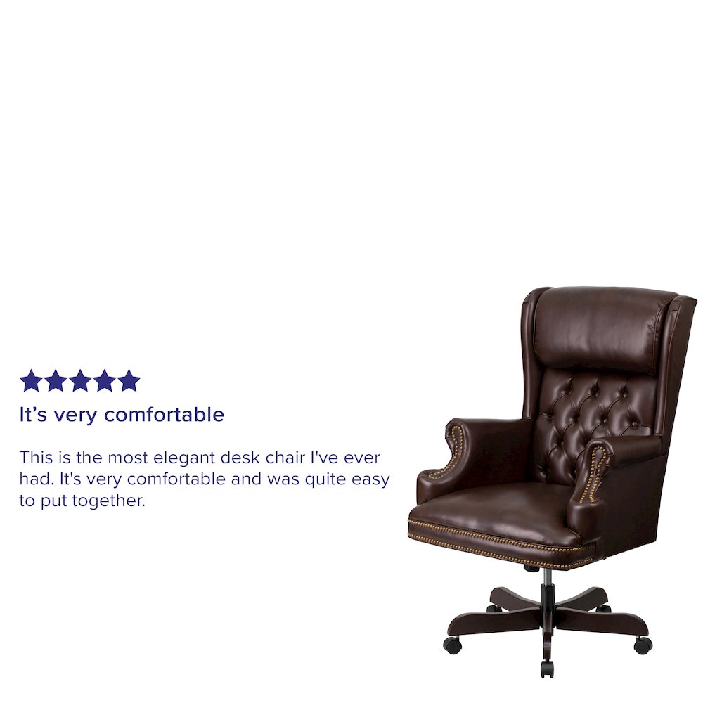 High Back Brown Executive Office Chair with Oversized Headrest & Nail Trim Arms. Picture 5