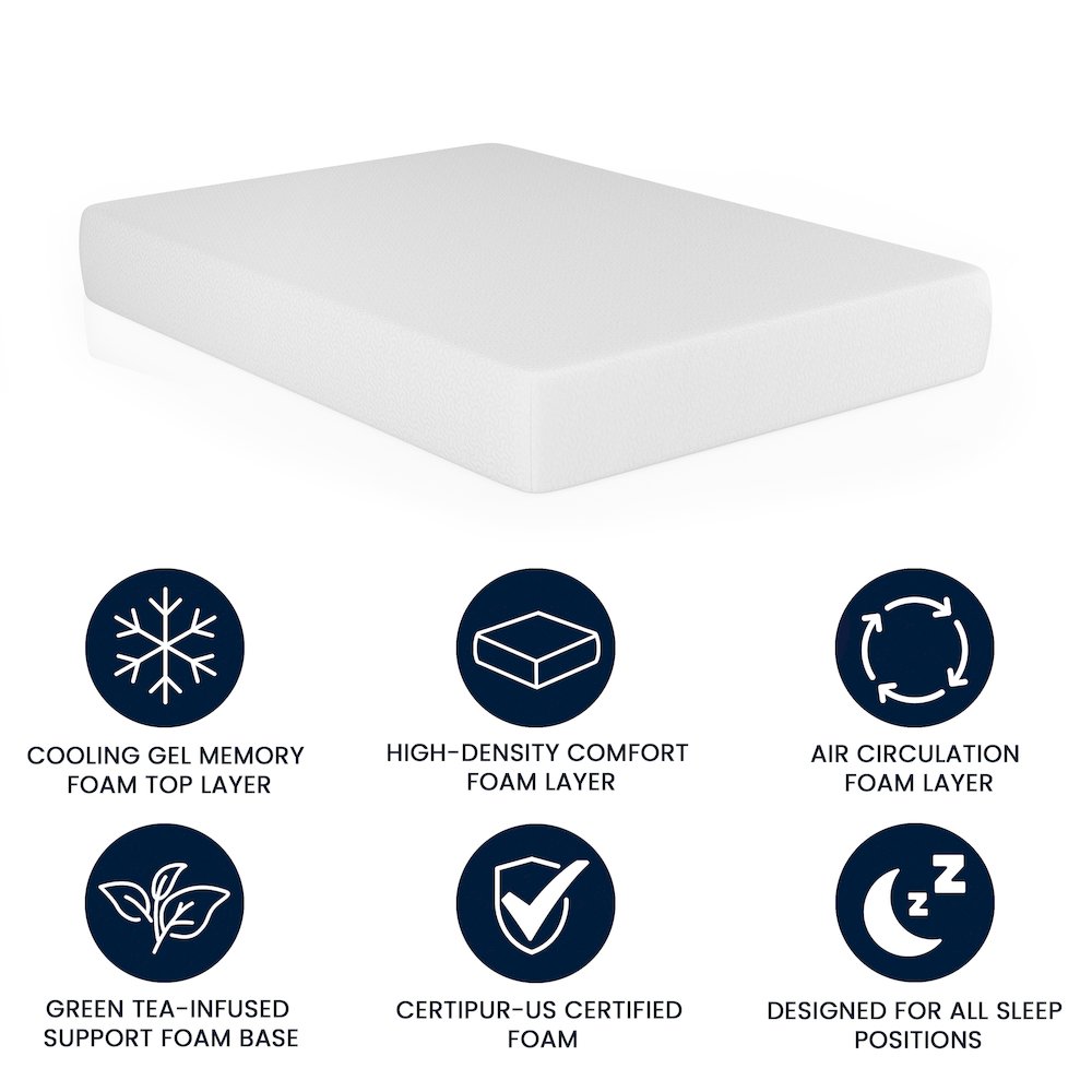 Green Tea Cooling Gel 4-Layer Memory Foam 10" Full Mattress, Washable Cover. Picture 7
