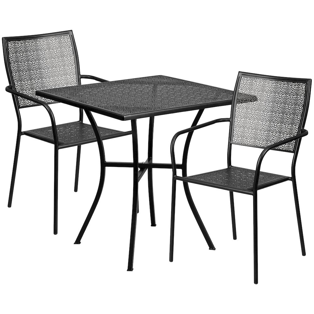 28" Square Black Indoor-Outdoor Steel Patio Table Set with 2 Square Back Chairs. Picture 1