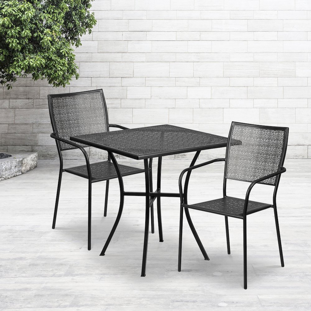 28" Square Black Indoor-Outdoor Steel Patio Table Set with 2 Square Back Chairs. Picture 2