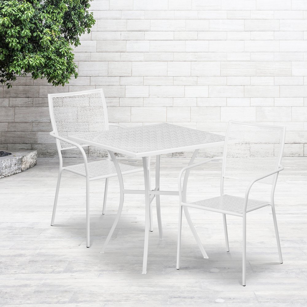 Commercial Grade 28" Square White Indoor-Outdoor Steel Patio Table Set with 2 Square Back Chairs. Picture 4