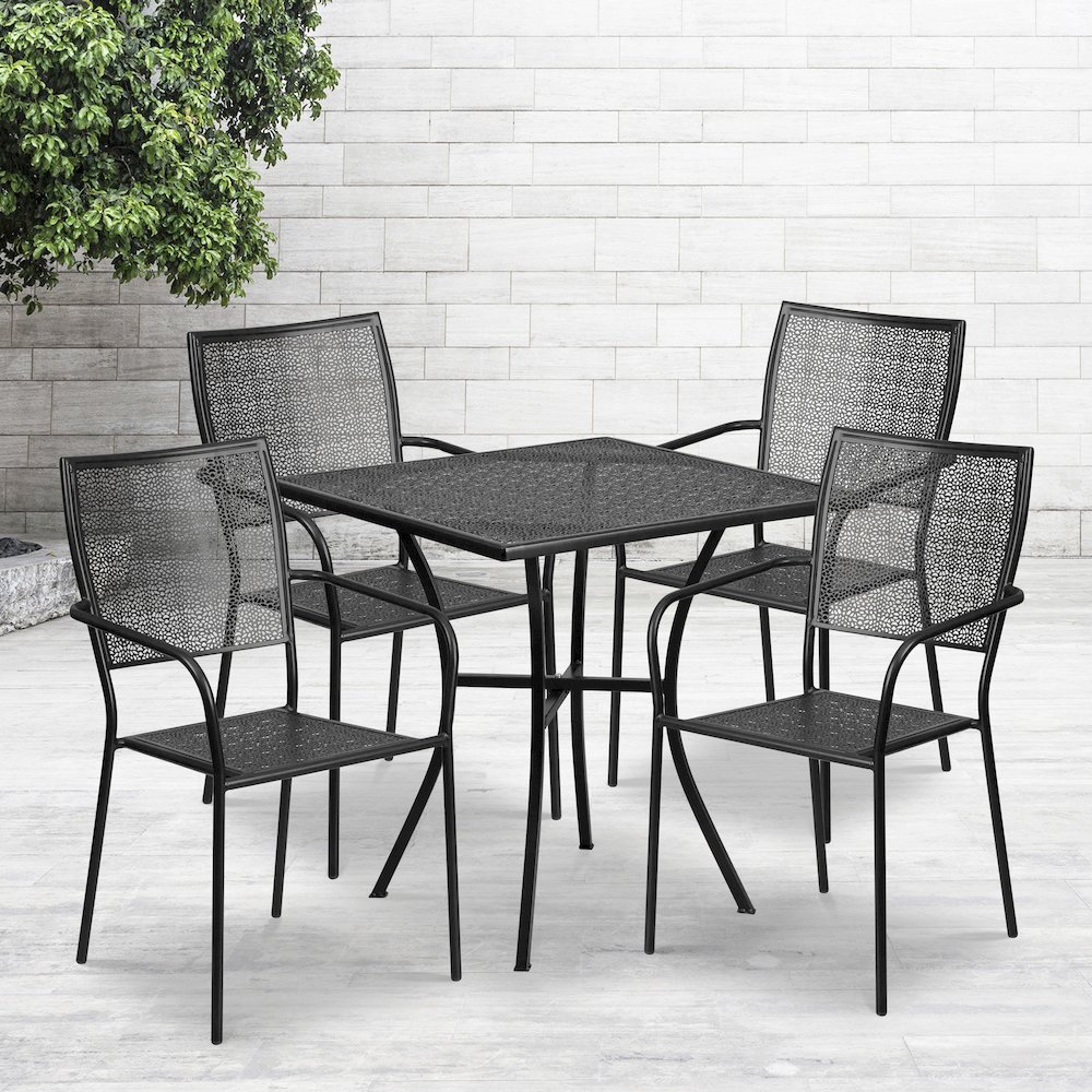 28" Square Black Indoor-Outdoor Steel Patio Table Set with 4 Square Back Chairs. Picture 2
