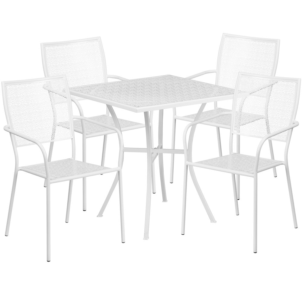 28" Square White Indoor-Outdoor Steel Patio Table Set with 4 Square Back Chairs. Picture 1