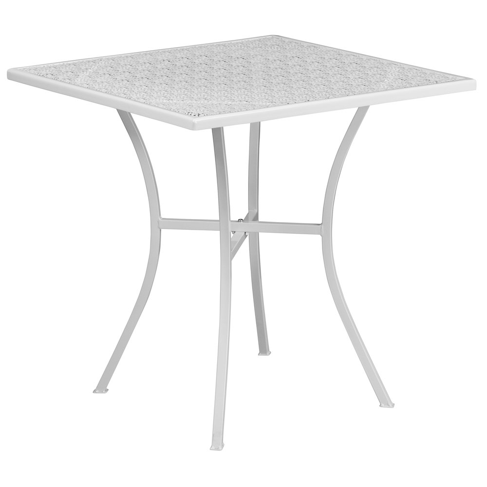 28" Square White Indoor-Outdoor Steel Patio Table Set with 4 Square Back Chairs. Picture 4