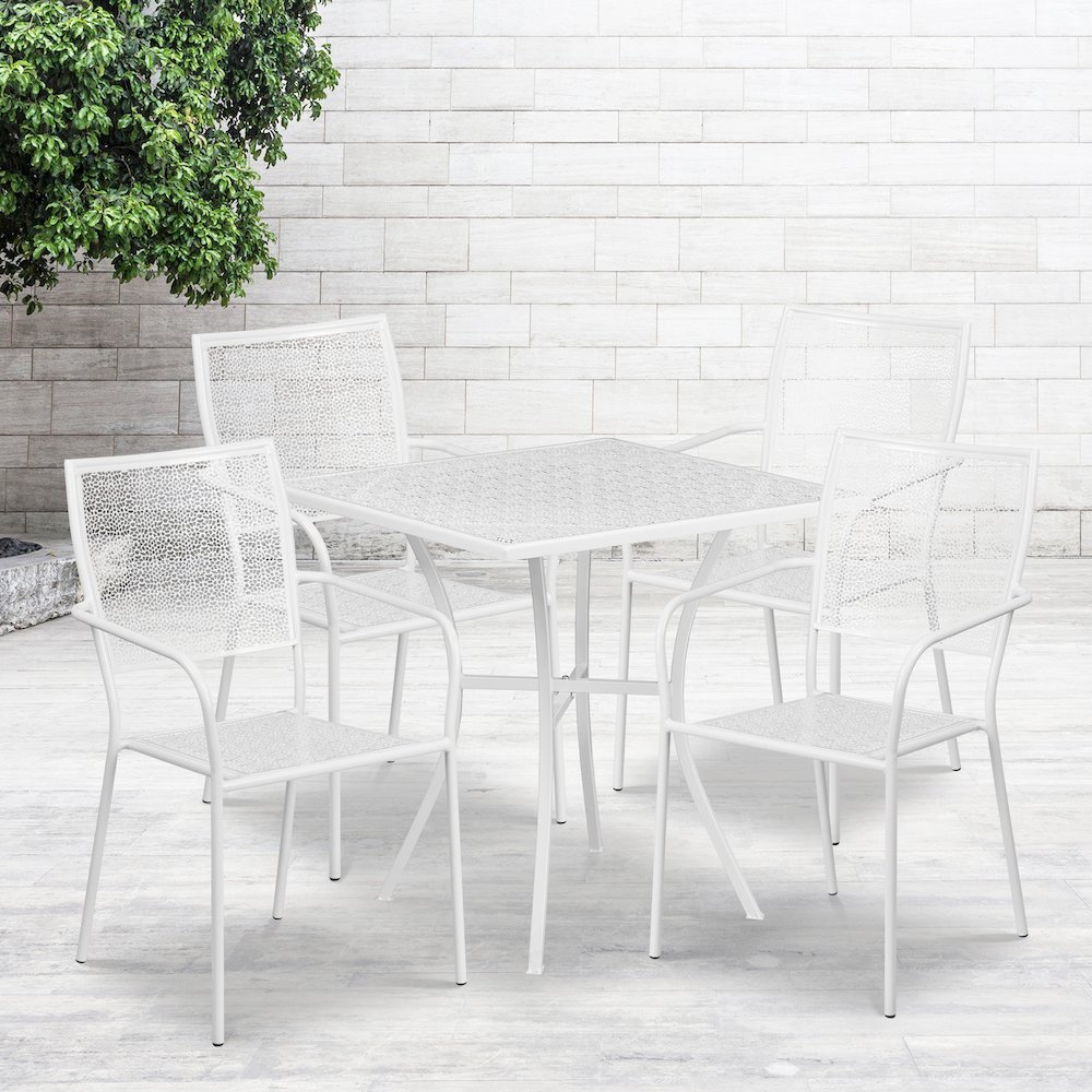 28" Square White Indoor-Outdoor Steel Patio Table Set with 4 Square Back Chairs. Picture 2