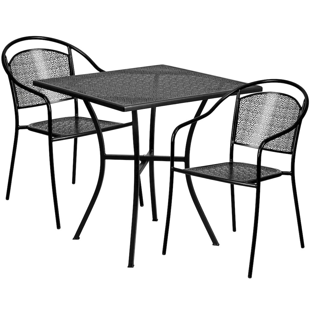 28" Square Black Indoor-Outdoor Steel Patio Table Set with 2 Round Back Chairs. Picture 1