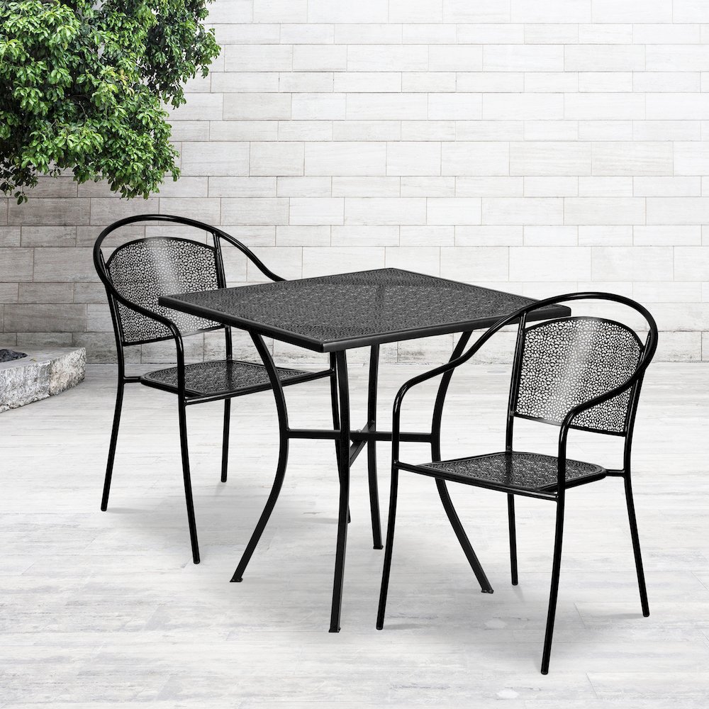 28" Square Black Indoor-Outdoor Steel Patio Table Set with 2 Round Back Chairs. Picture 2