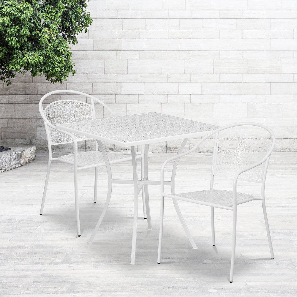 Commercial Grade 28" Square White Indoor-Outdoor Steel Patio Table Set with 2 Round Back Chairs. Picture 4