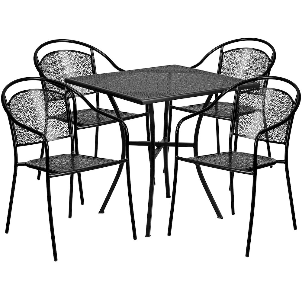 Commercial Grade 28" Square Black Indoor-Outdoor Steel Patio Table Set with 4 Round Back Chairs. Picture 1