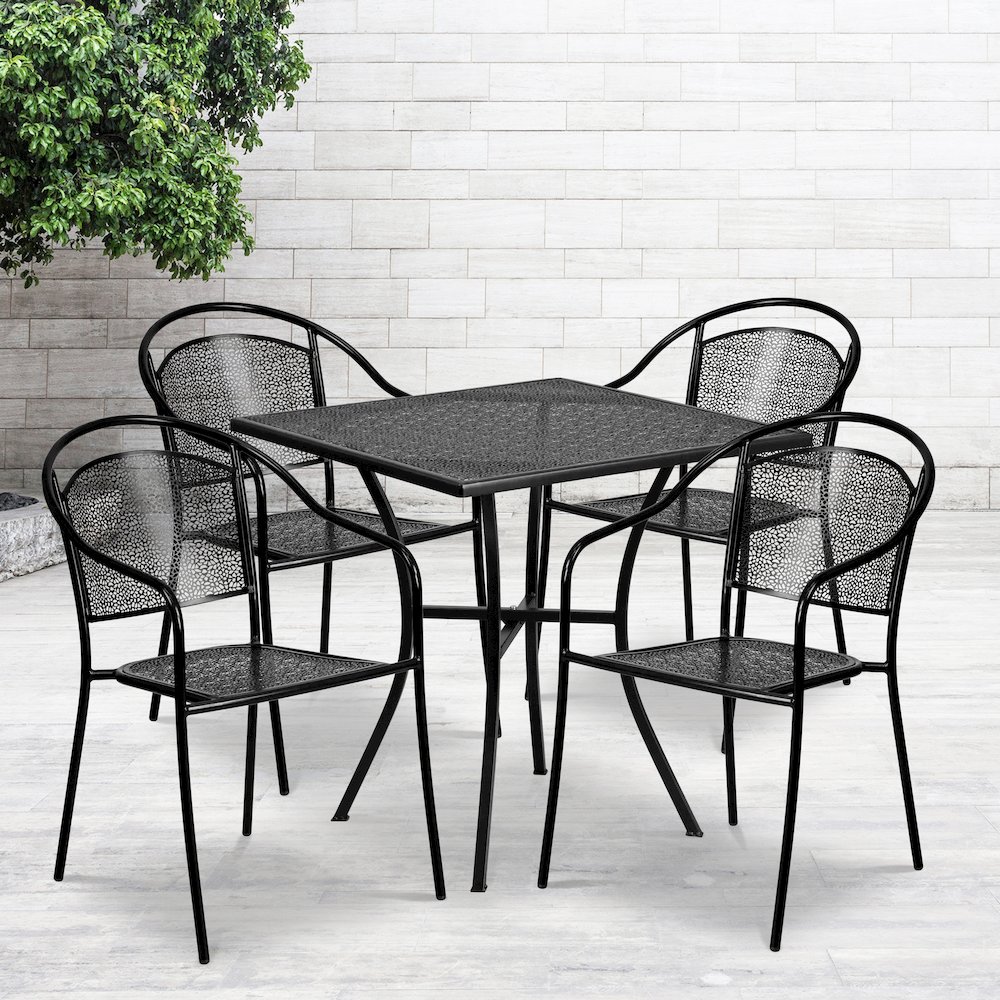 Commercial Grade 28" Square Black Indoor-Outdoor Steel Patio Table Set with 4 Round Back Chairs. Picture 4