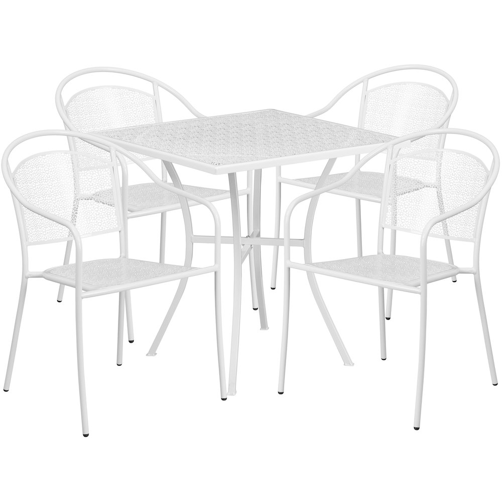 28" Square White Indoor-Outdoor Steel Patio Table Set with 4 Round Back Chairs. Picture 1