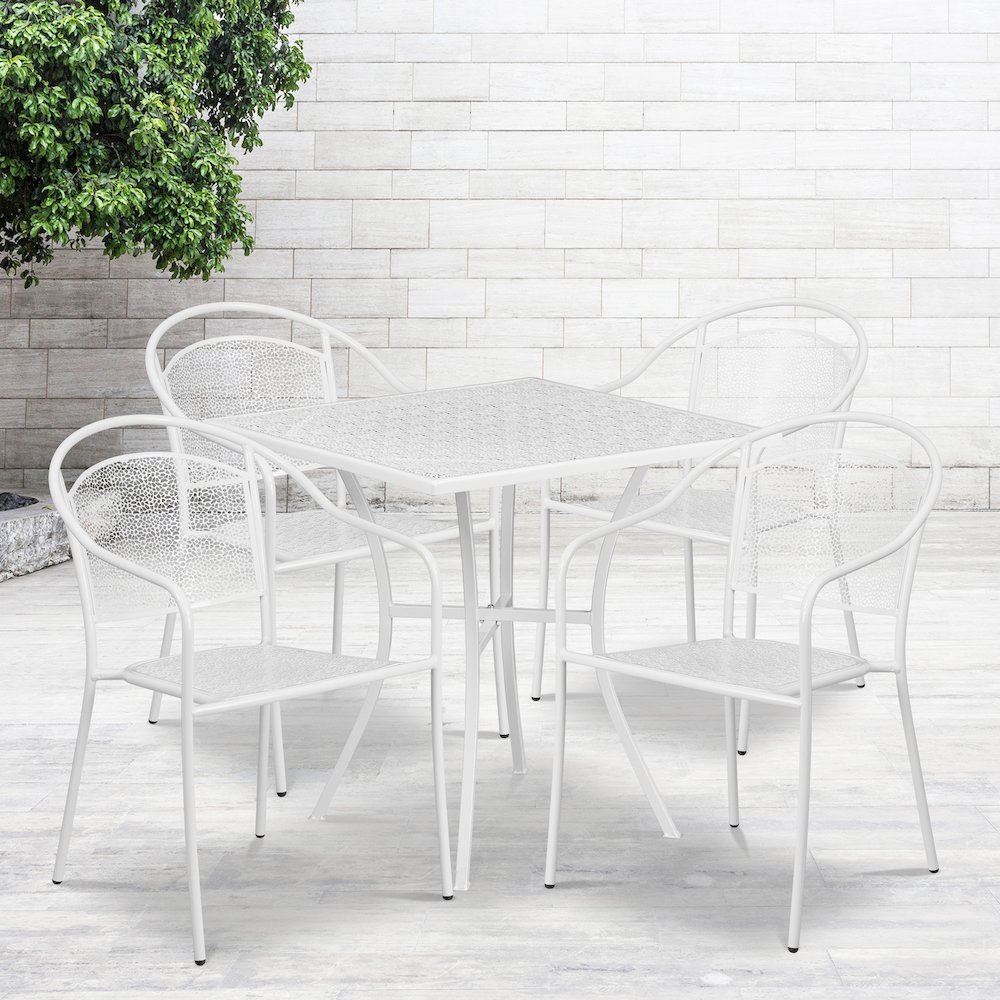 28" Square White Indoor-Outdoor Steel Patio Table Set with 4 Round Back Chairs. Picture 2
