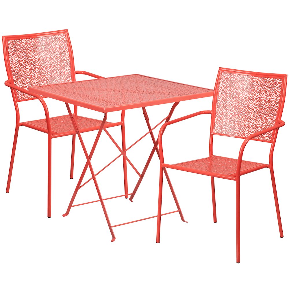 Commercial Grade 28" Square Coral Indoor-Outdoor Steel Folding Patio Table Set with 2 Square Back Chairs. Picture 1