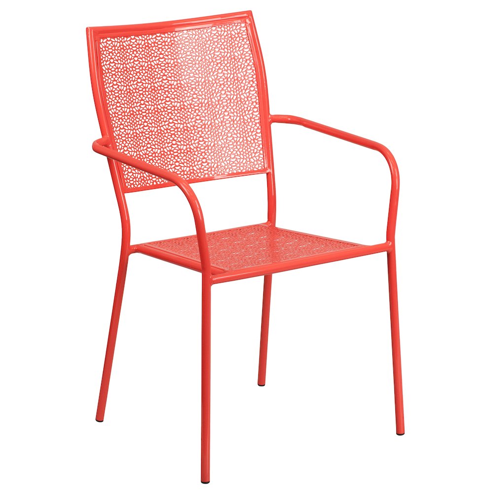 Commercial Grade 28" Square Coral Indoor-Outdoor Steel Folding Patio Table Set with 2 Square Back Chairs. Picture 3