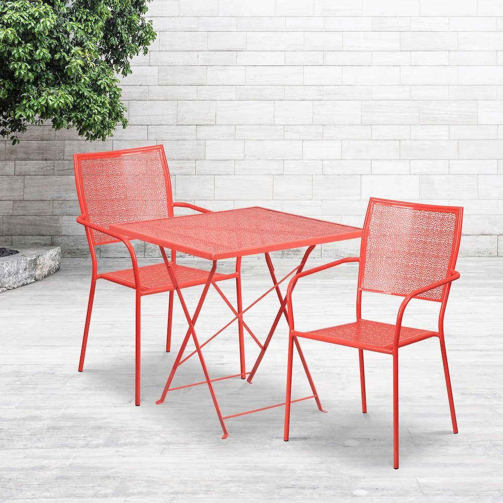 Commercial Grade 28" Square Coral Indoor-Outdoor Steel Folding Patio Table Set with 2 Square Back Chairs. Picture 4