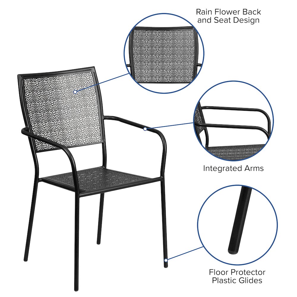 Commercial Grade Black Indoor-Outdoor Steel Patio Arm Chair with Square Back. Picture 5