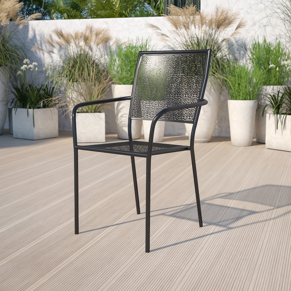 Commercial Grade Black Indoor-Outdoor Steel Patio Arm Chair with Square Back. Picture 6