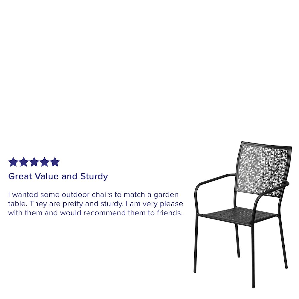Commercial Grade Black Indoor-Outdoor Steel Patio Arm Chair with Square Back. Picture 7