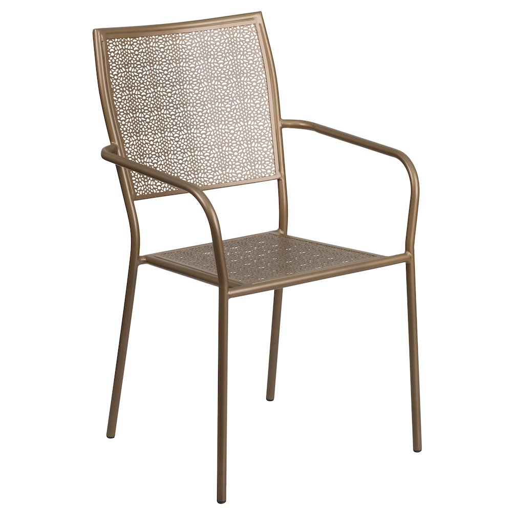 Commercial Grade Gold Indoor-Outdoor Steel Patio Arm Chair with Square Back. Picture 1
