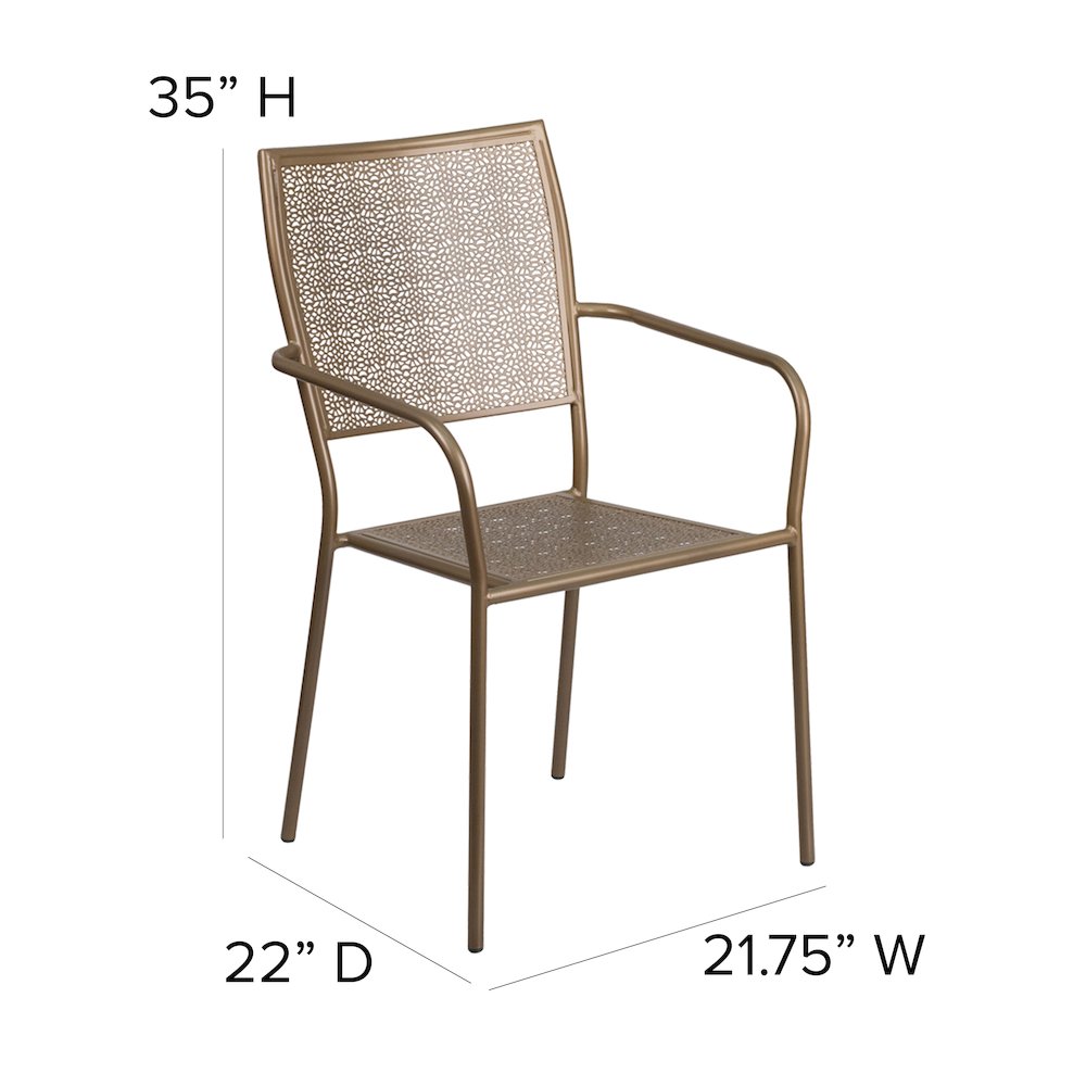 Commercial Grade Gold Indoor-Outdoor Steel Patio Arm Chair with Square Back. Picture 6